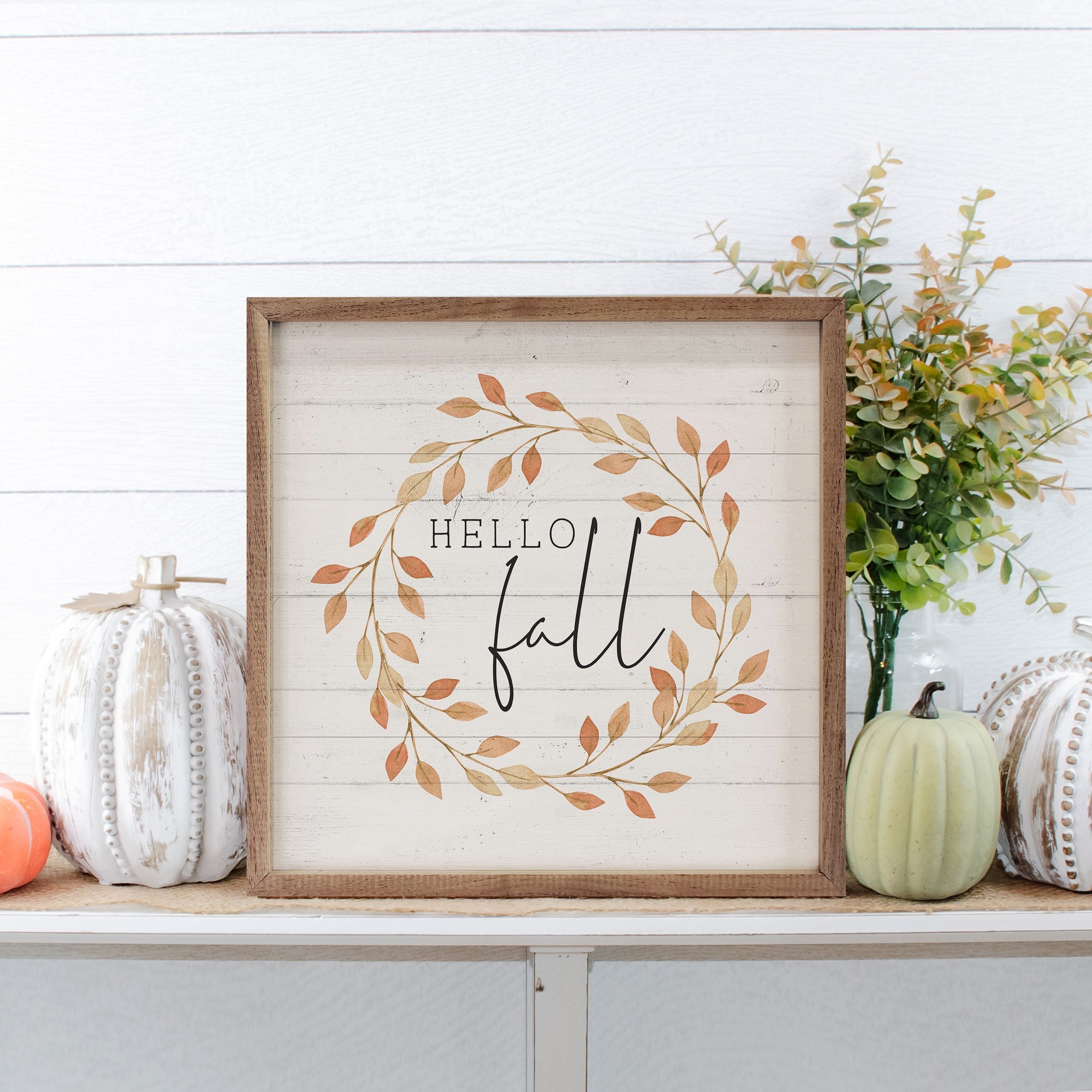Hello Fall Leaves Wreath Whitewash