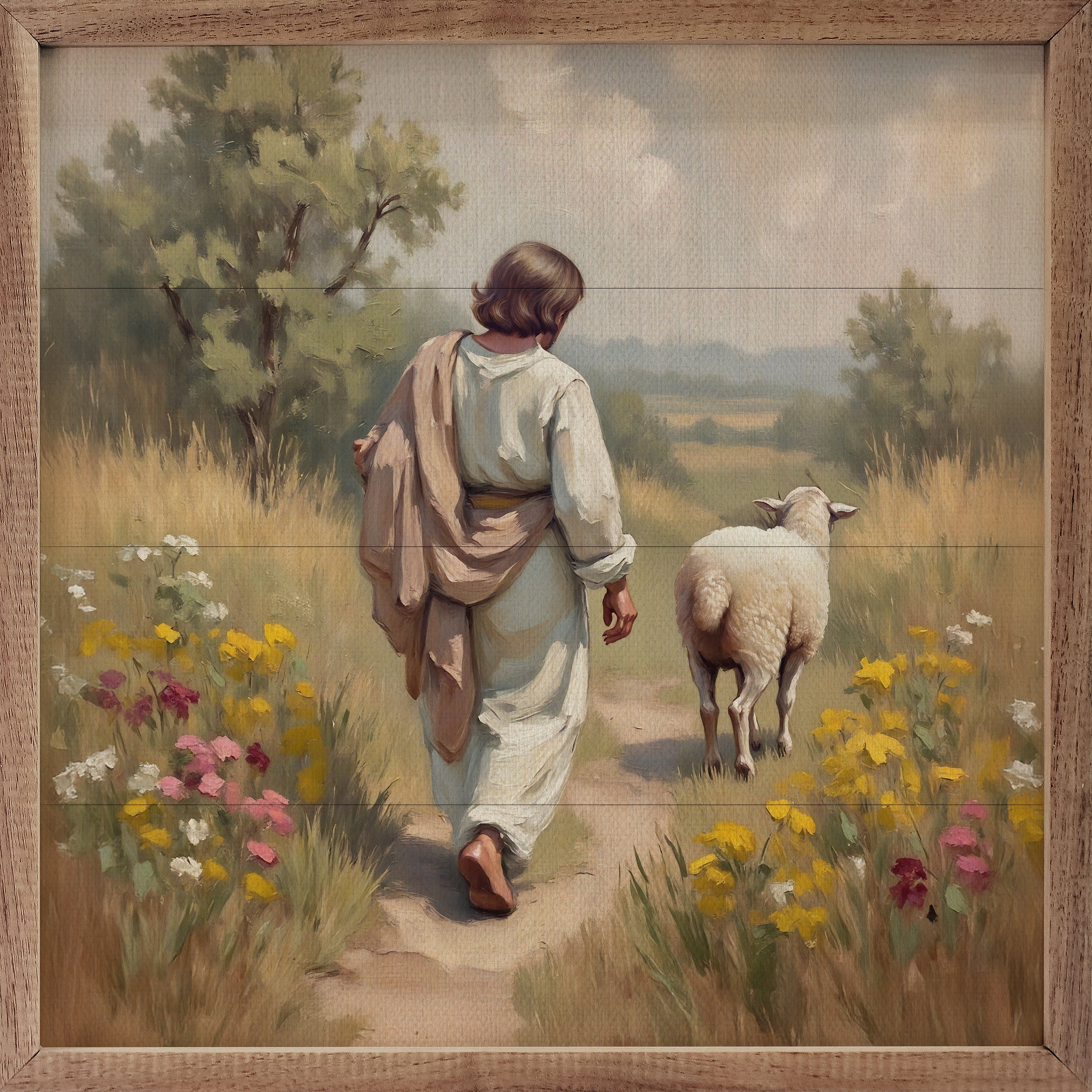 Jesus And His Sheep In The Flowers