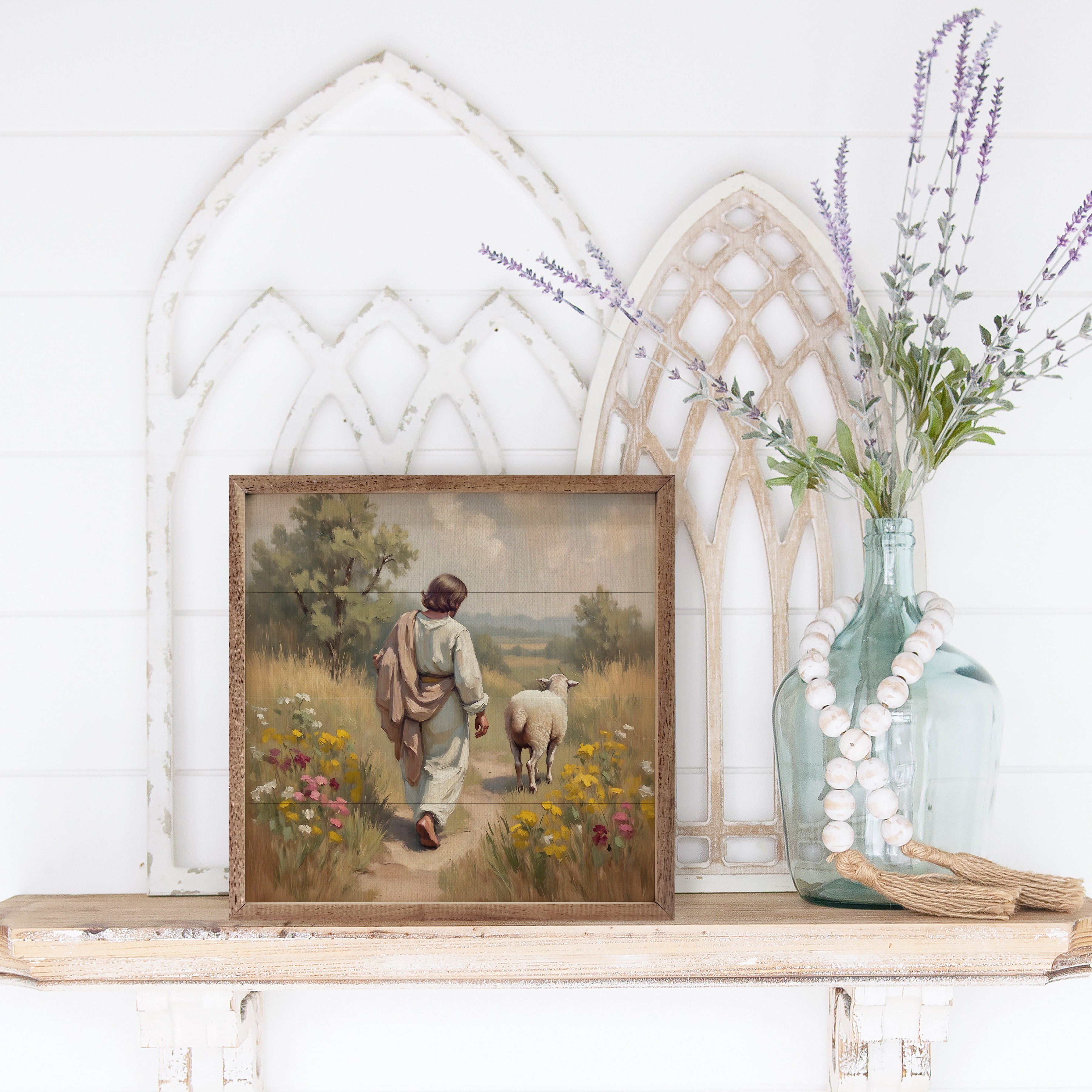 Jesus And His Sheep In The Flowers