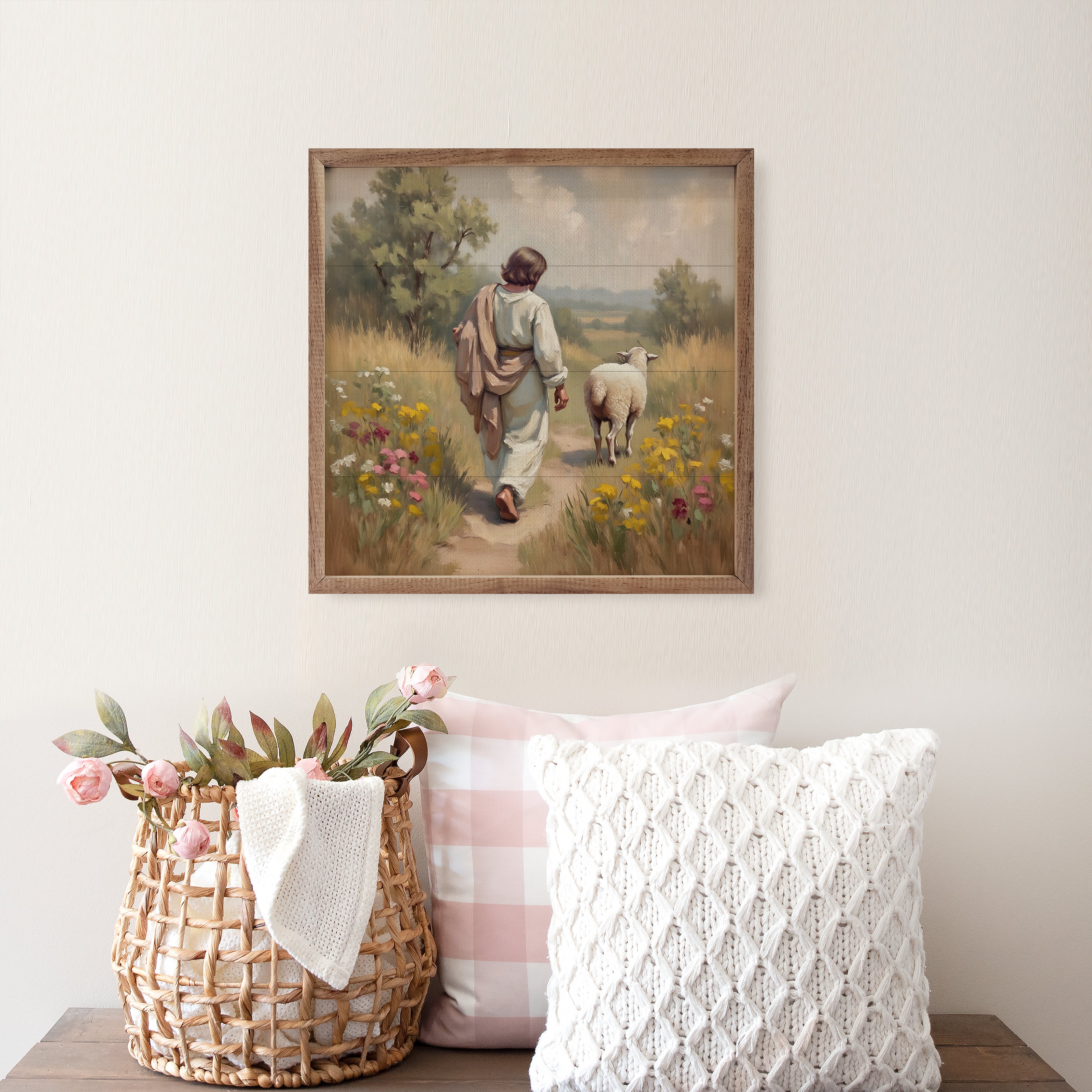 Jesus And His Sheep In The Flowers