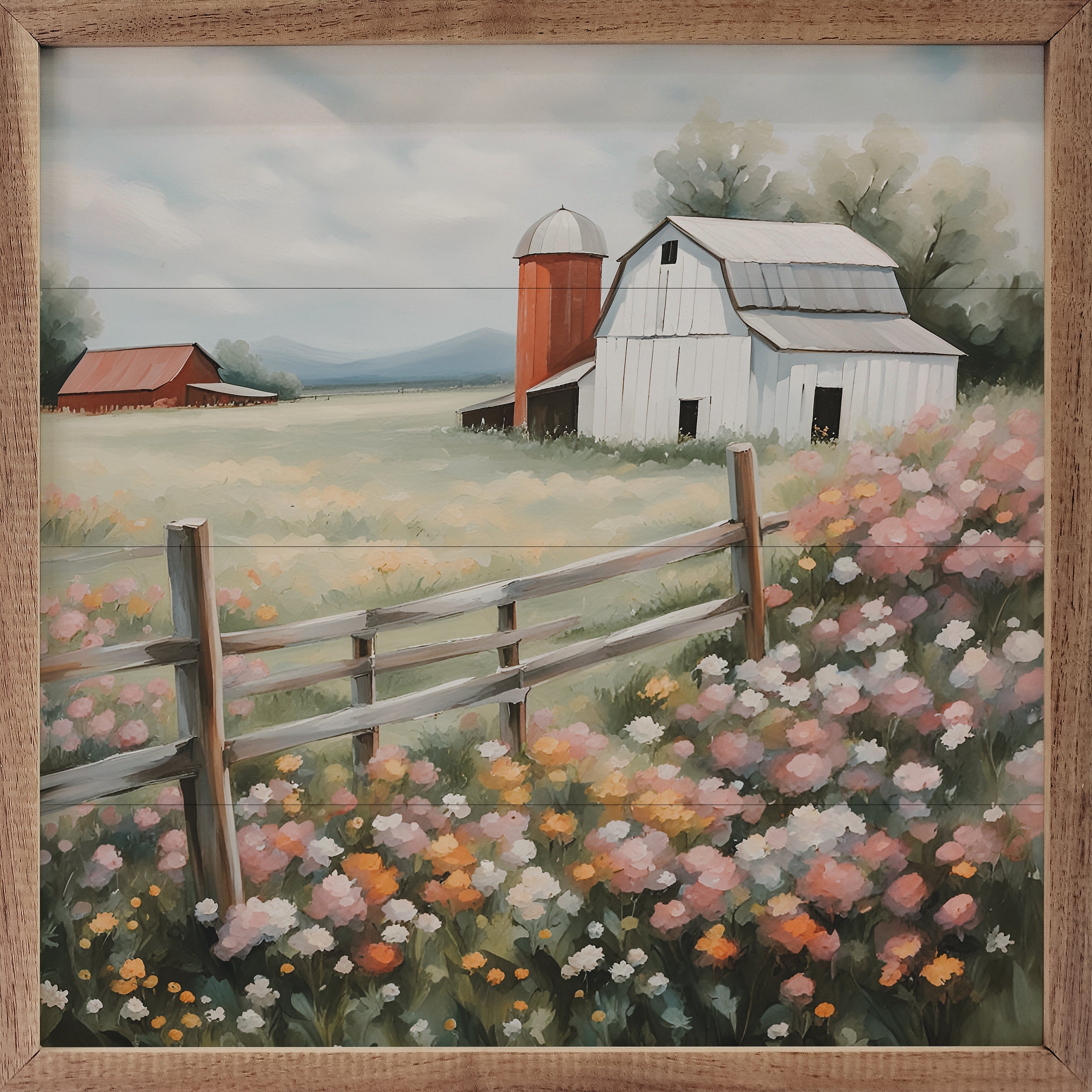 White Barn With Silo In Flower Field