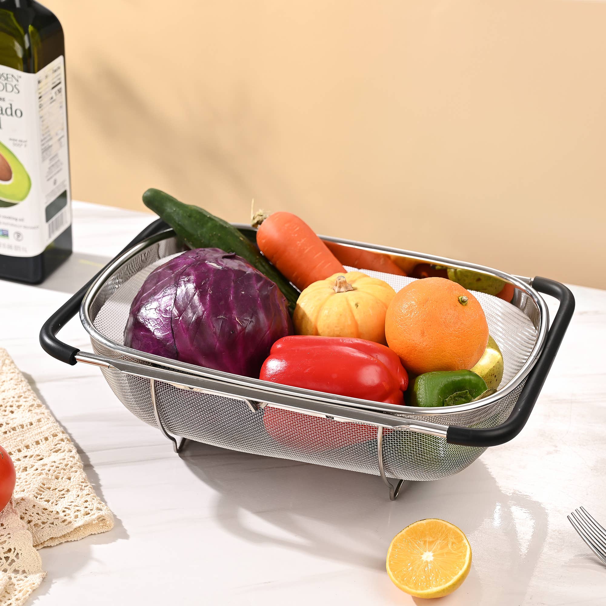 Fox Run Large Stainless Steel Colander, Extendable Handle