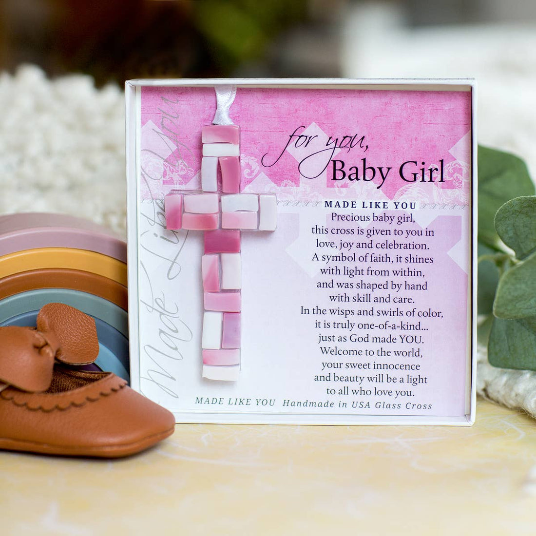 New Baby Girl Gift USA Handmade Mosaic Glass Cross