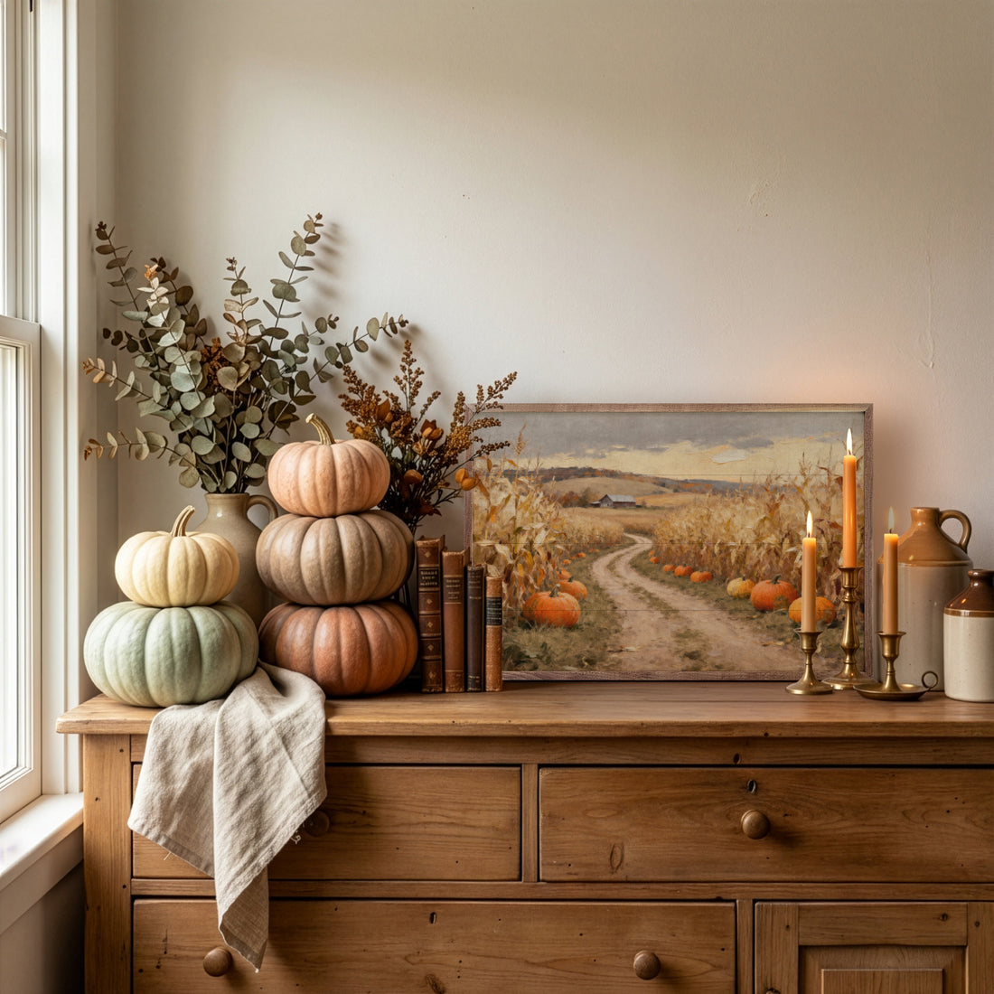 Corn Field Lane With Pumpkins