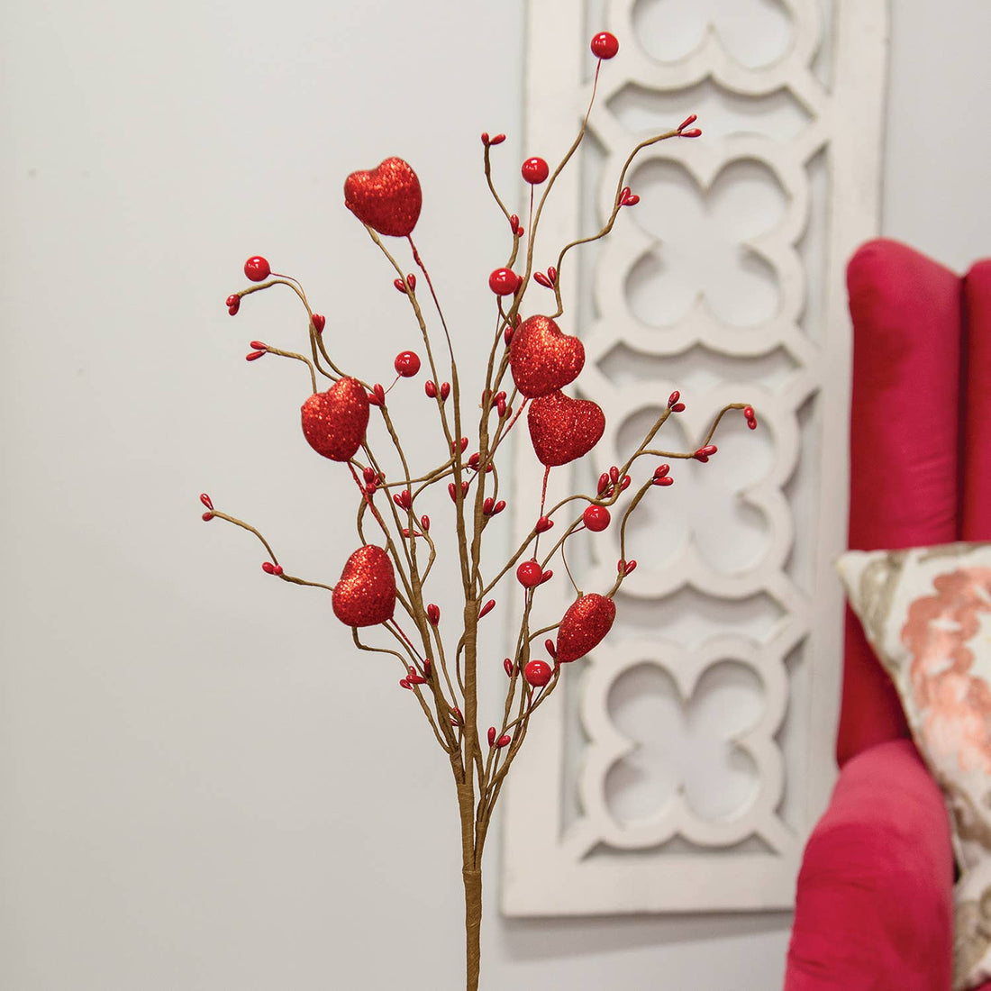 Red Glitter Heart & Berries Spray - 27"