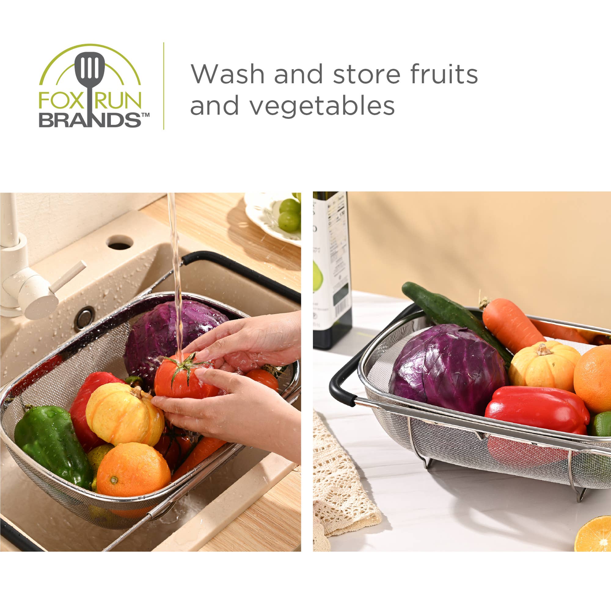 Fox Run Large Stainless Steel Colander, Extendable Handle