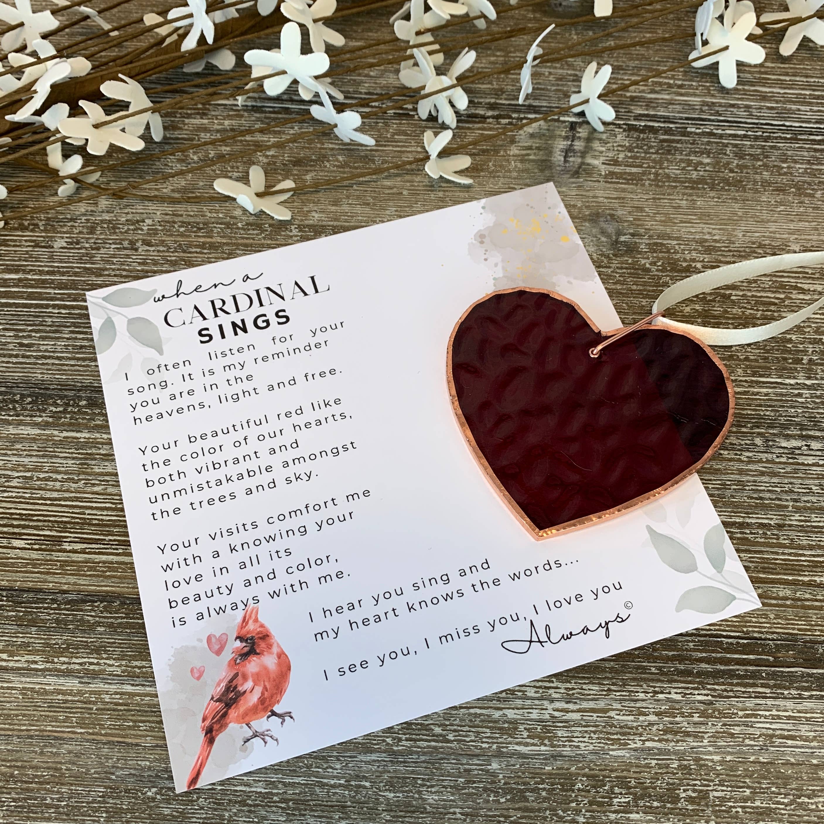 A Cardinal Sings Memorial Red Glass Heart