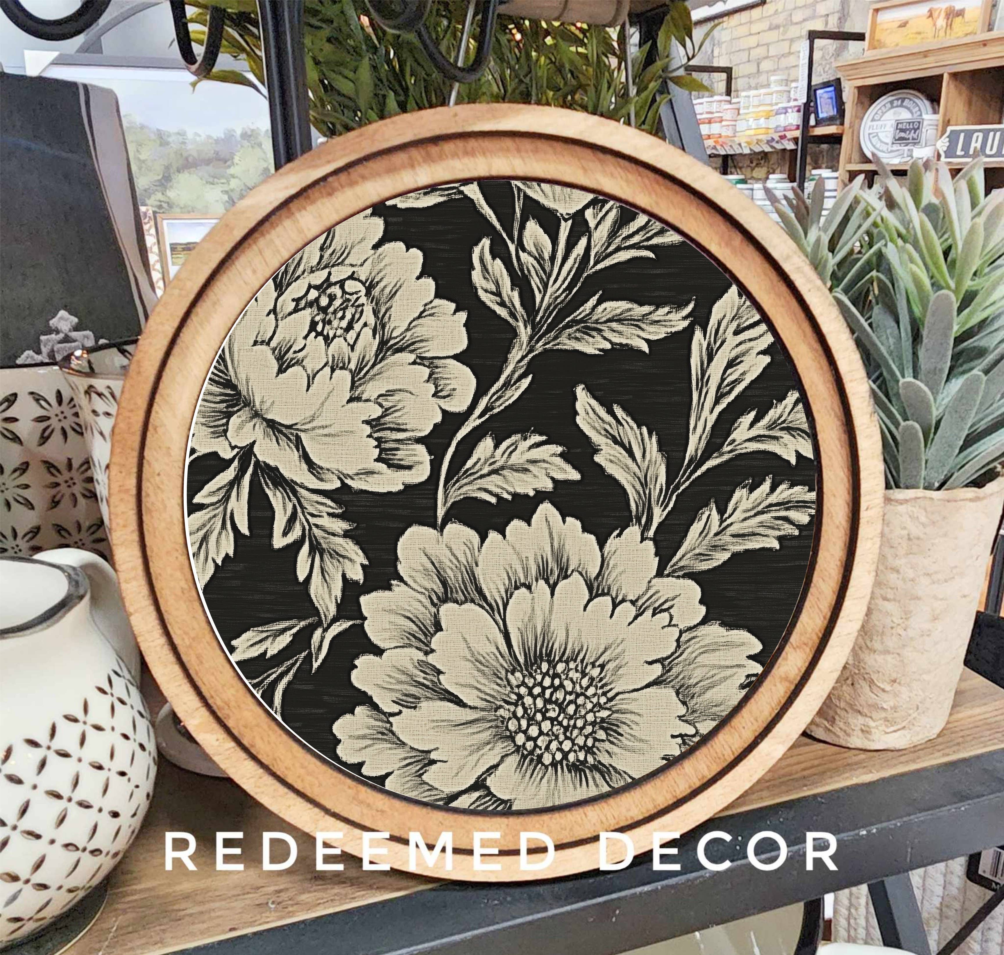 8" Round Black Floral Art