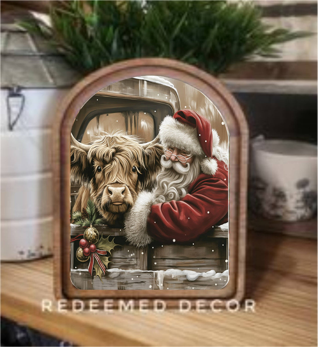 Arch Top Highland With Santa Framed Art