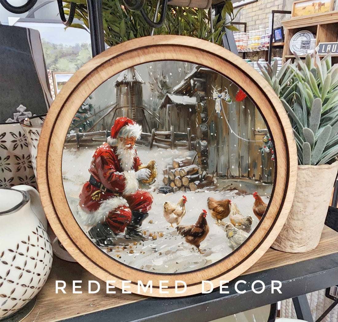 Round Santa With Chickens Art