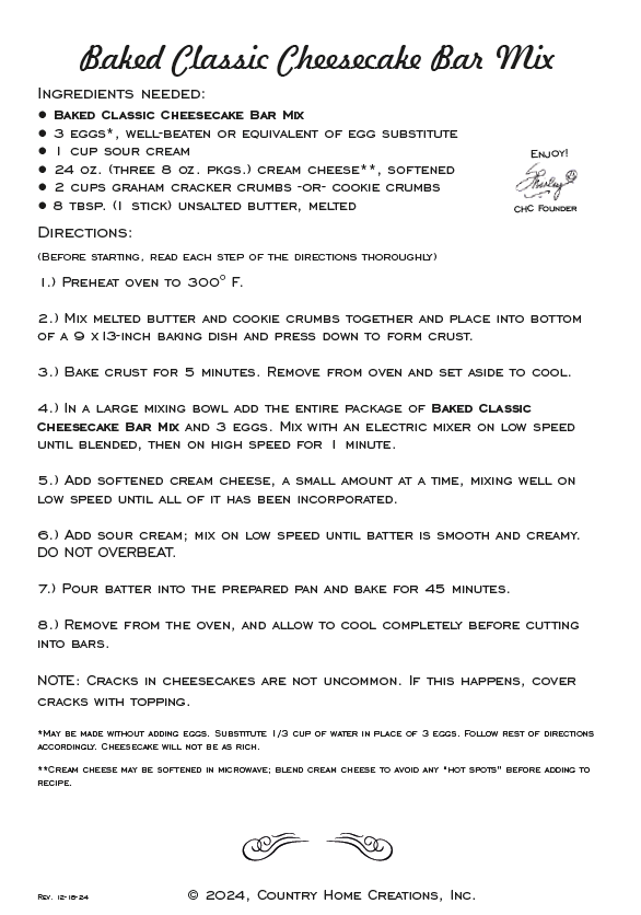 Artisan Kitchen Baked Classic Cheesecake Bar Mix