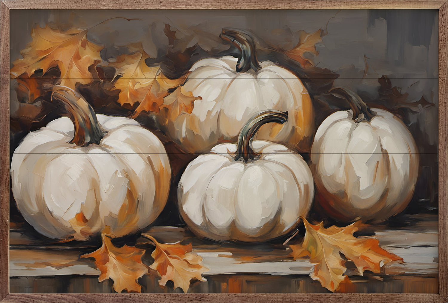 Four White Pumpkins With Leaves Black