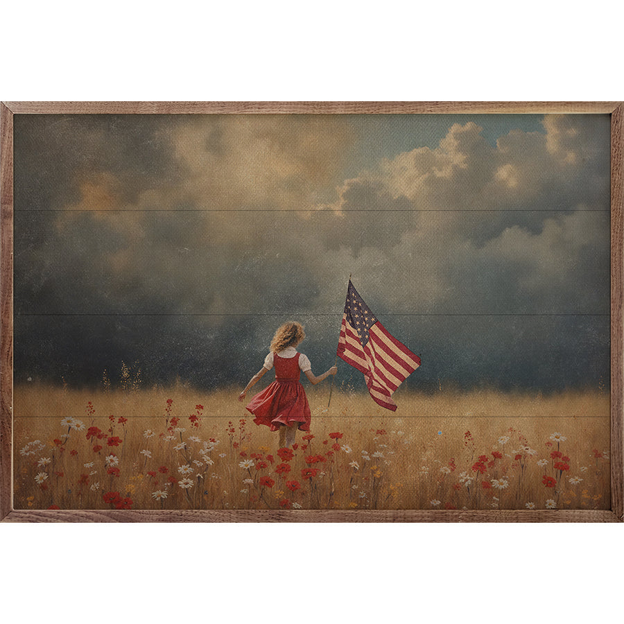 Girl Carrying Flag Through Storm