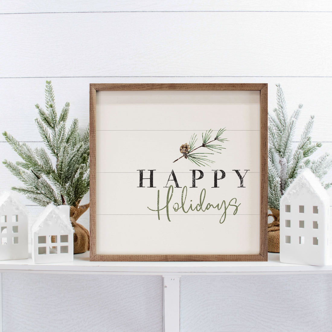 Happy Holidays Pine Branch White