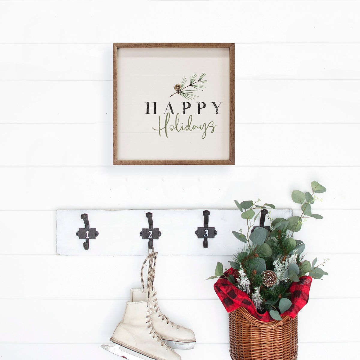 Happy Holidays Pine Branch White