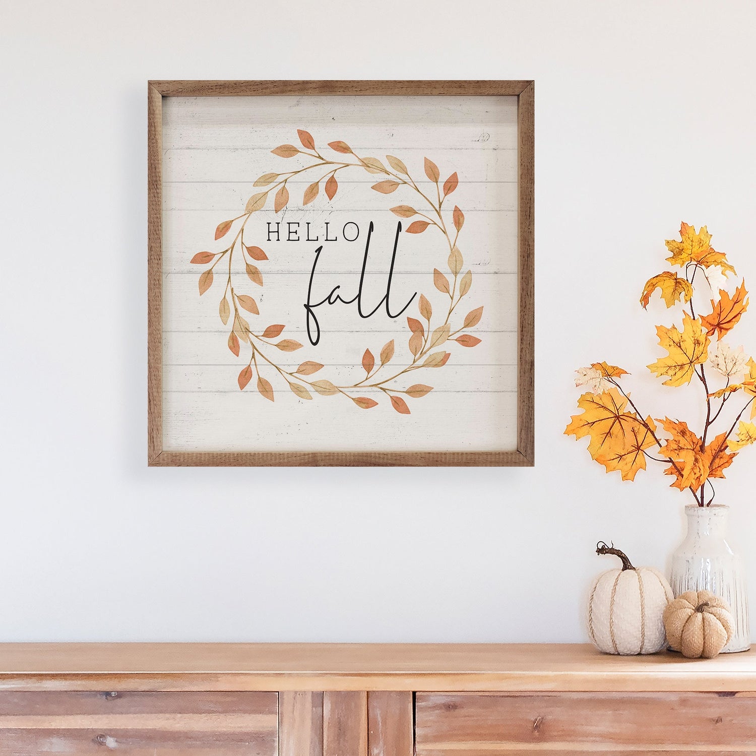 Hello Fall Leaves Wreath Whitewash
