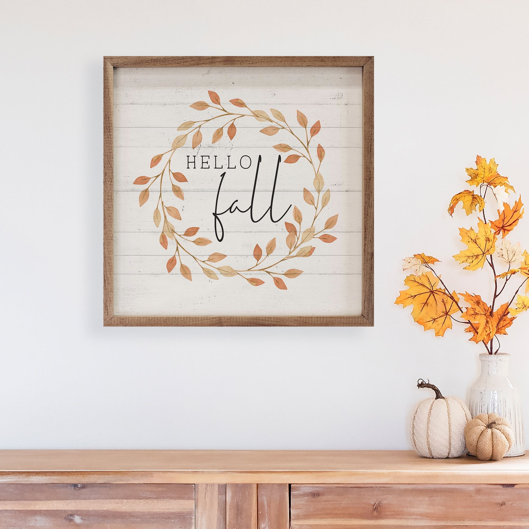 Hello Fall Leaves Wreath Whitewash