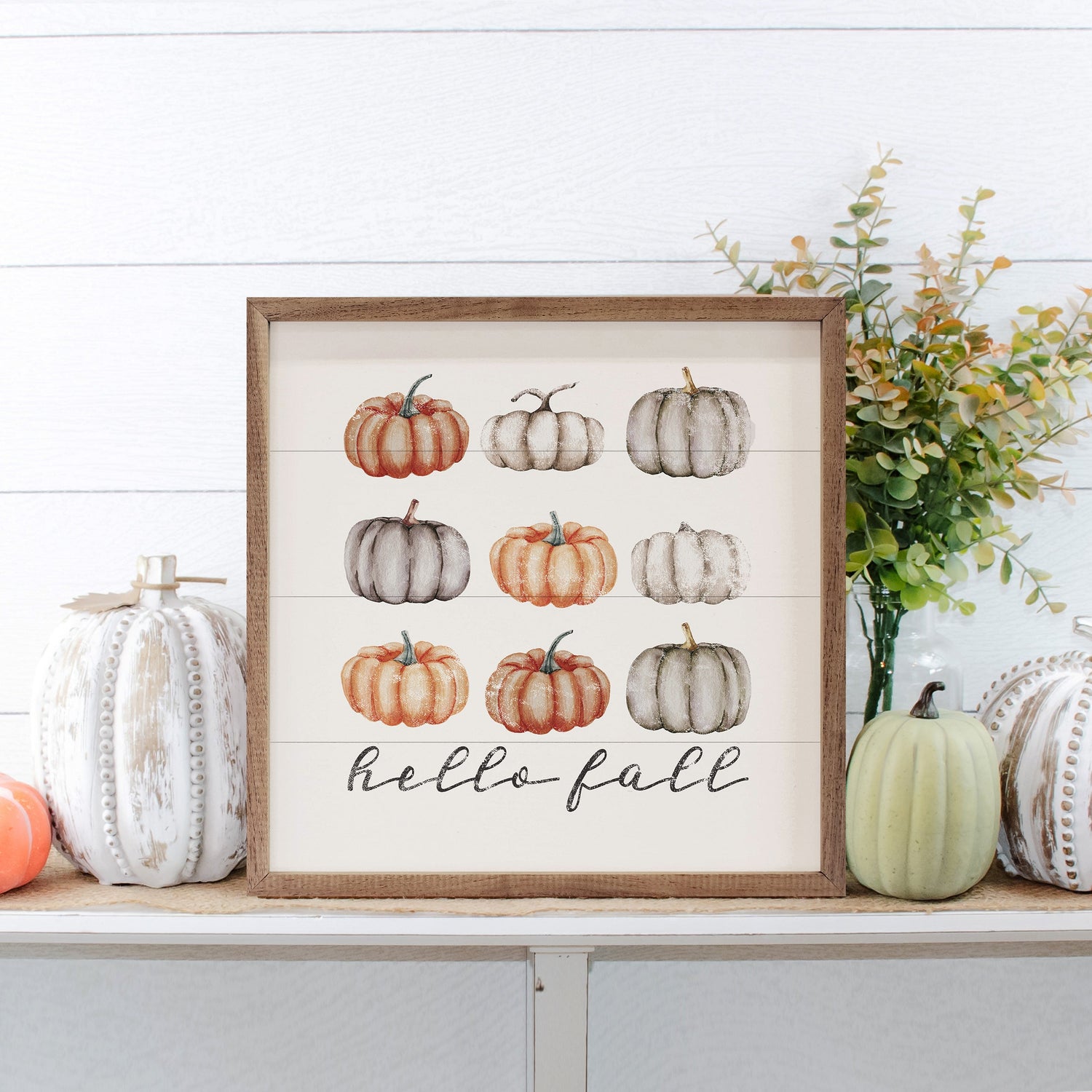 Hello Fall Orange And Gray Pumpkins White