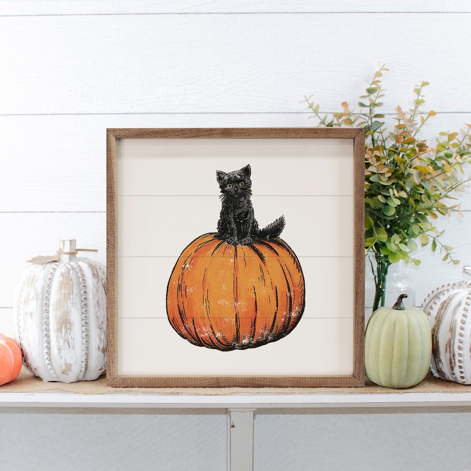 Vintage Halloween Cat On Pumpkin White