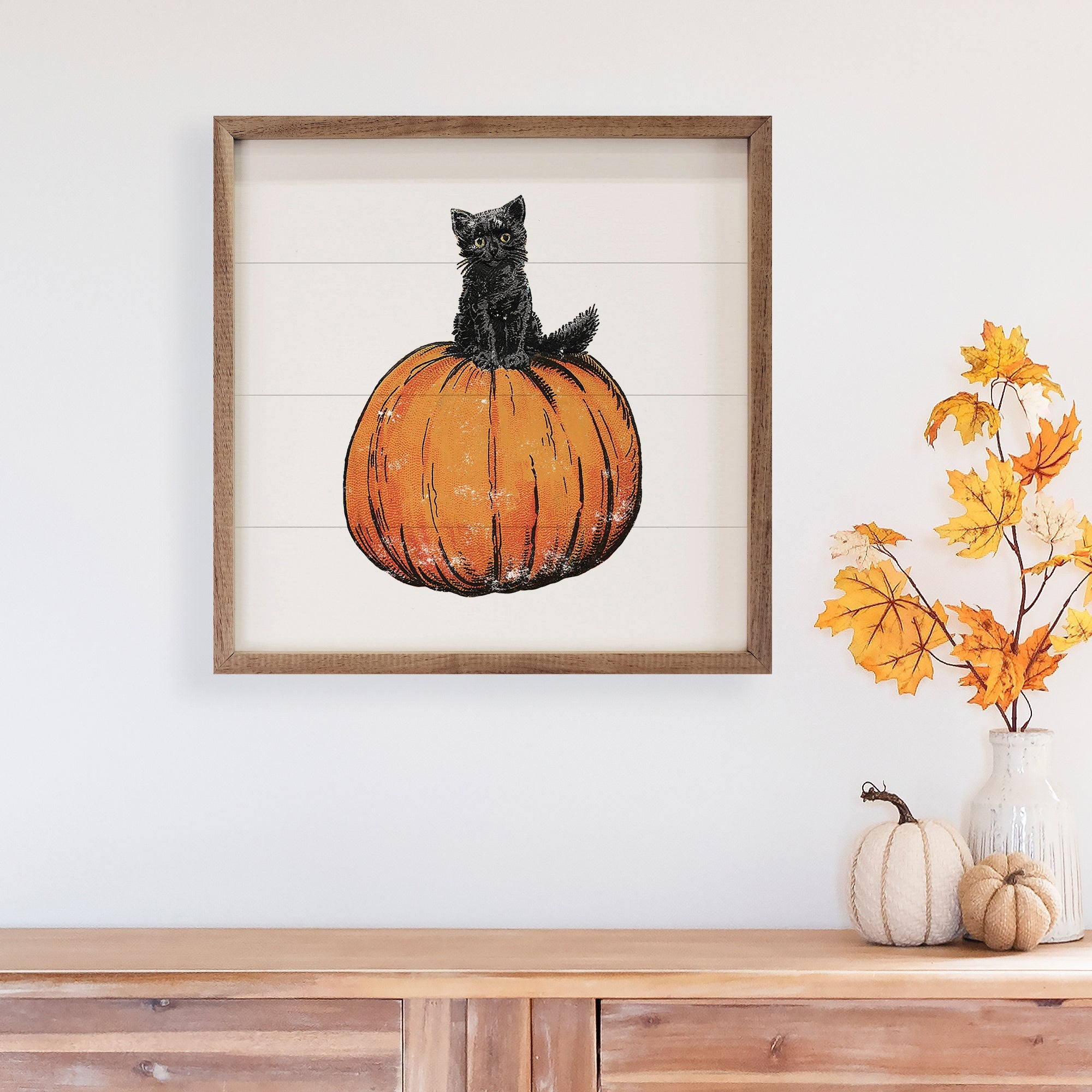 Vintage Halloween Cat On Pumpkin White