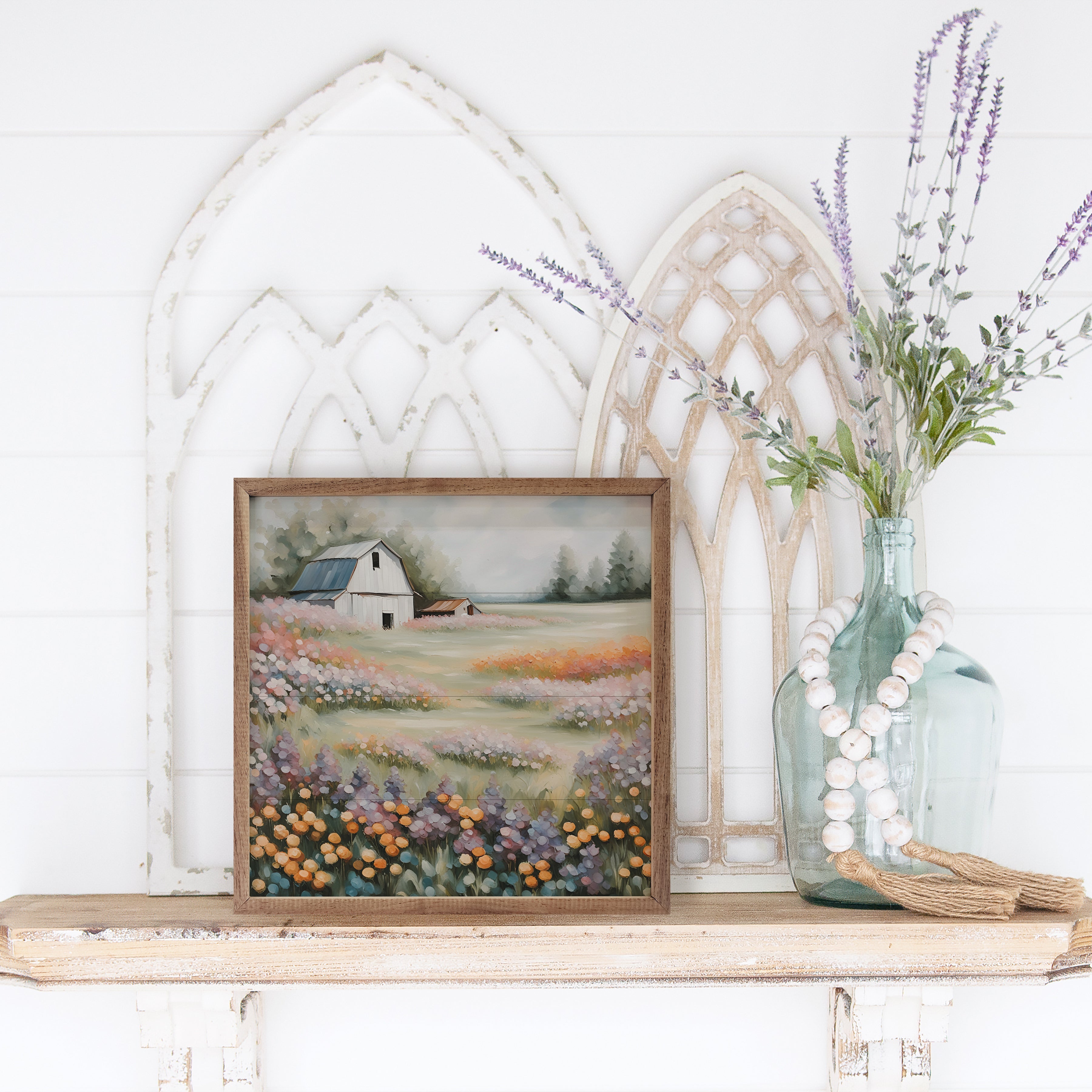 White Barn In Flower Field
