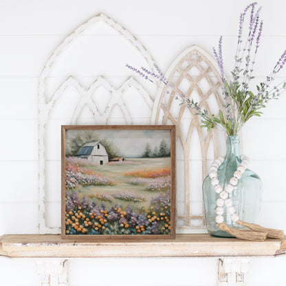 White Barn In Flower Field