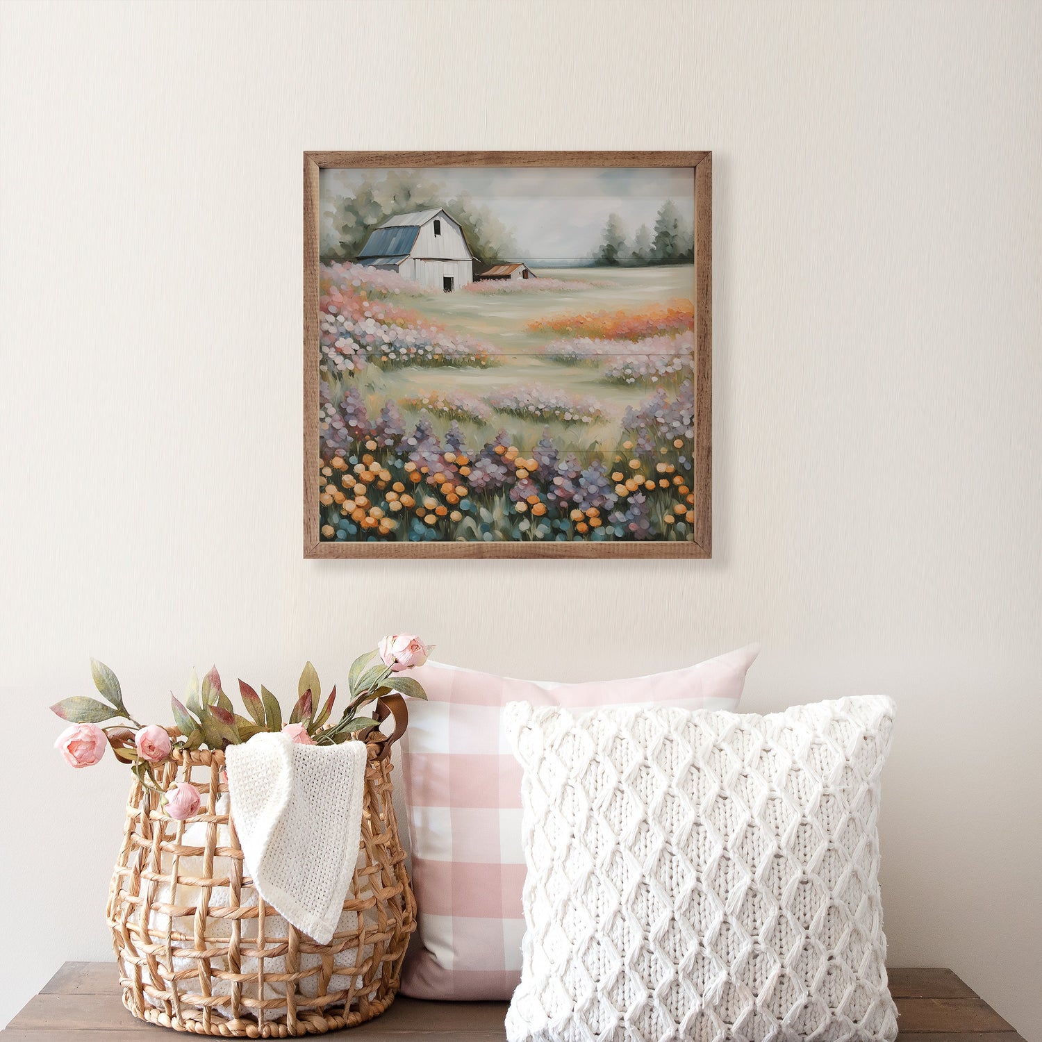 White Barn In Flower Field