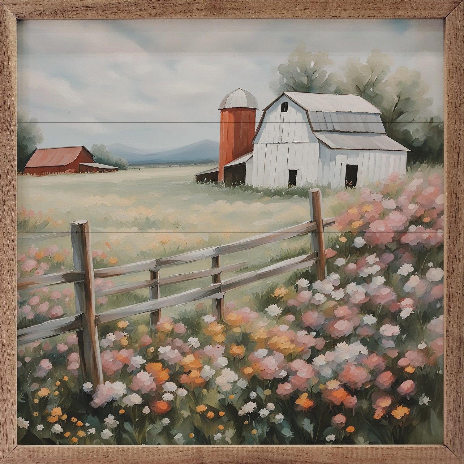 White Barn With Silo In Flower Field