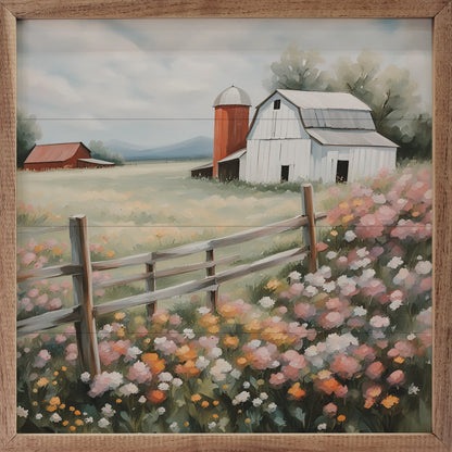 White Barn With Silo In Flower Field