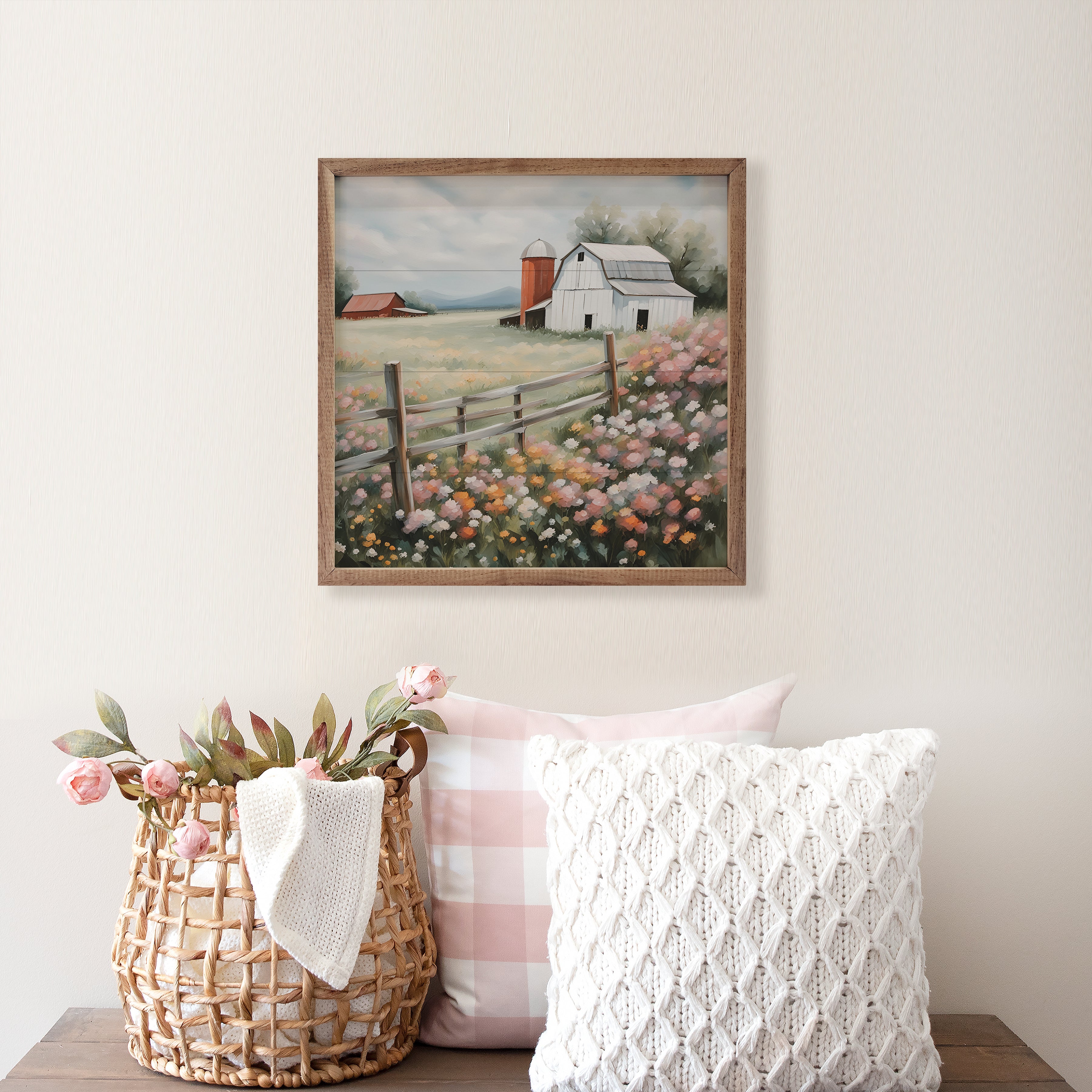 White Barn With Silo In Flower Field