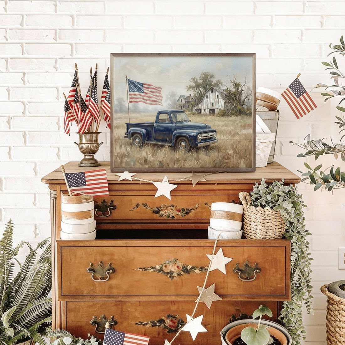 American Blue Truck With Flag