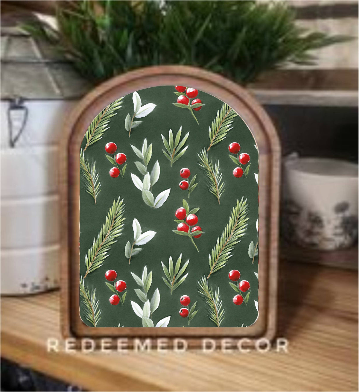 Arch Top Green With Berries Framed Art