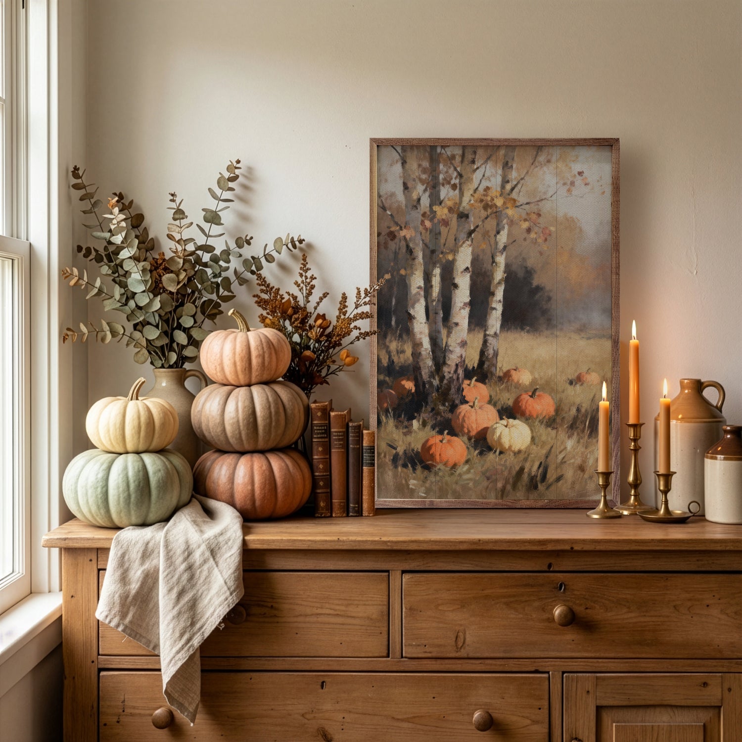 Birch Trees With Pumpkins Narrow Print