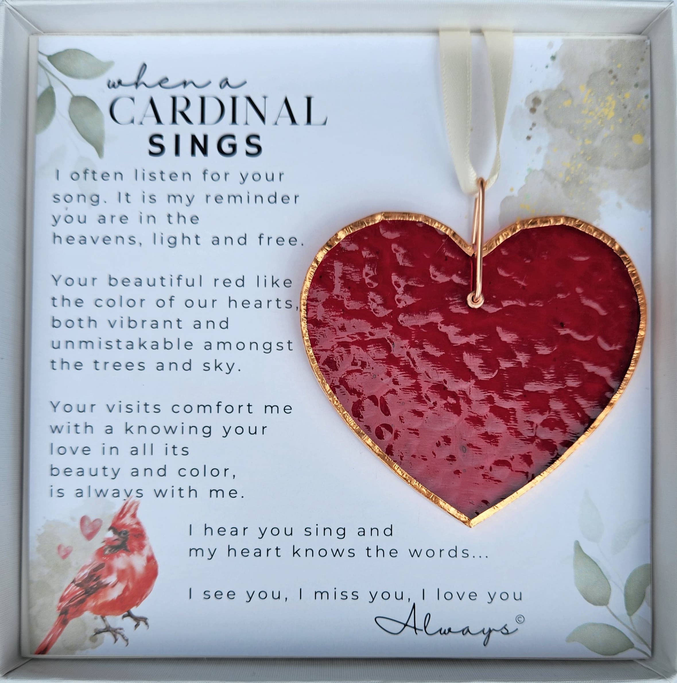 A Cardinal Sings Memorial Red Glass Heart