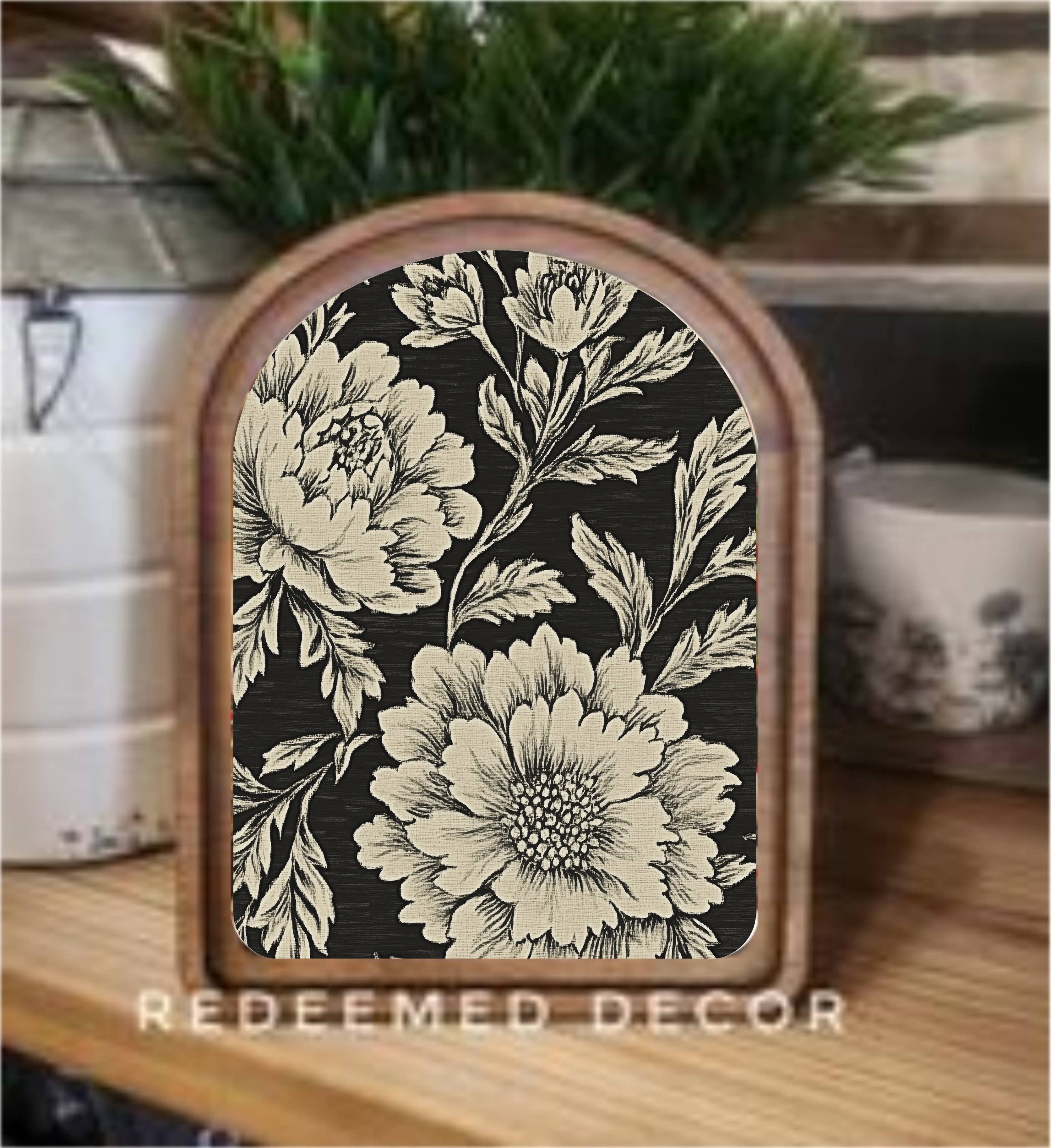 Arch Top Black Floral Framed Art