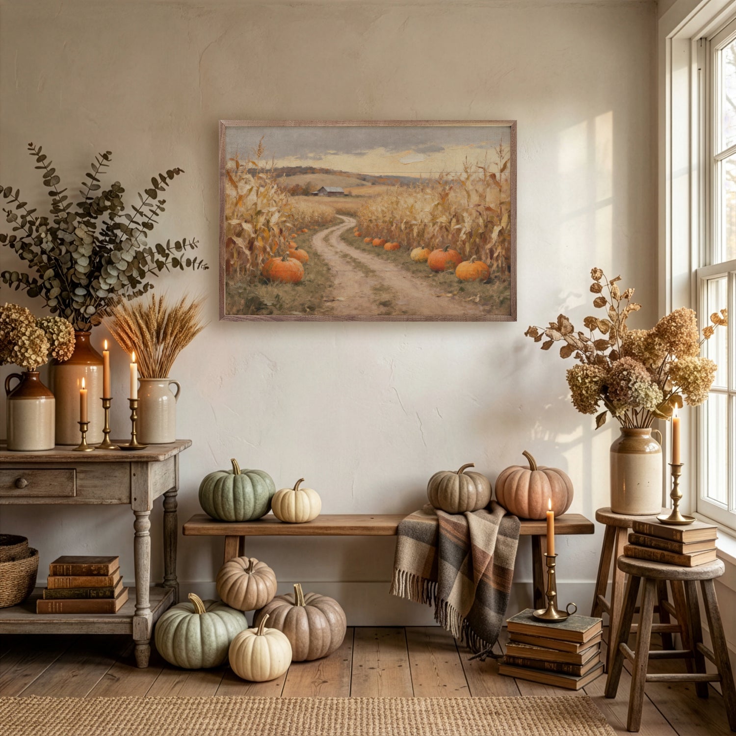 Corn Field Lane With Pumpkins