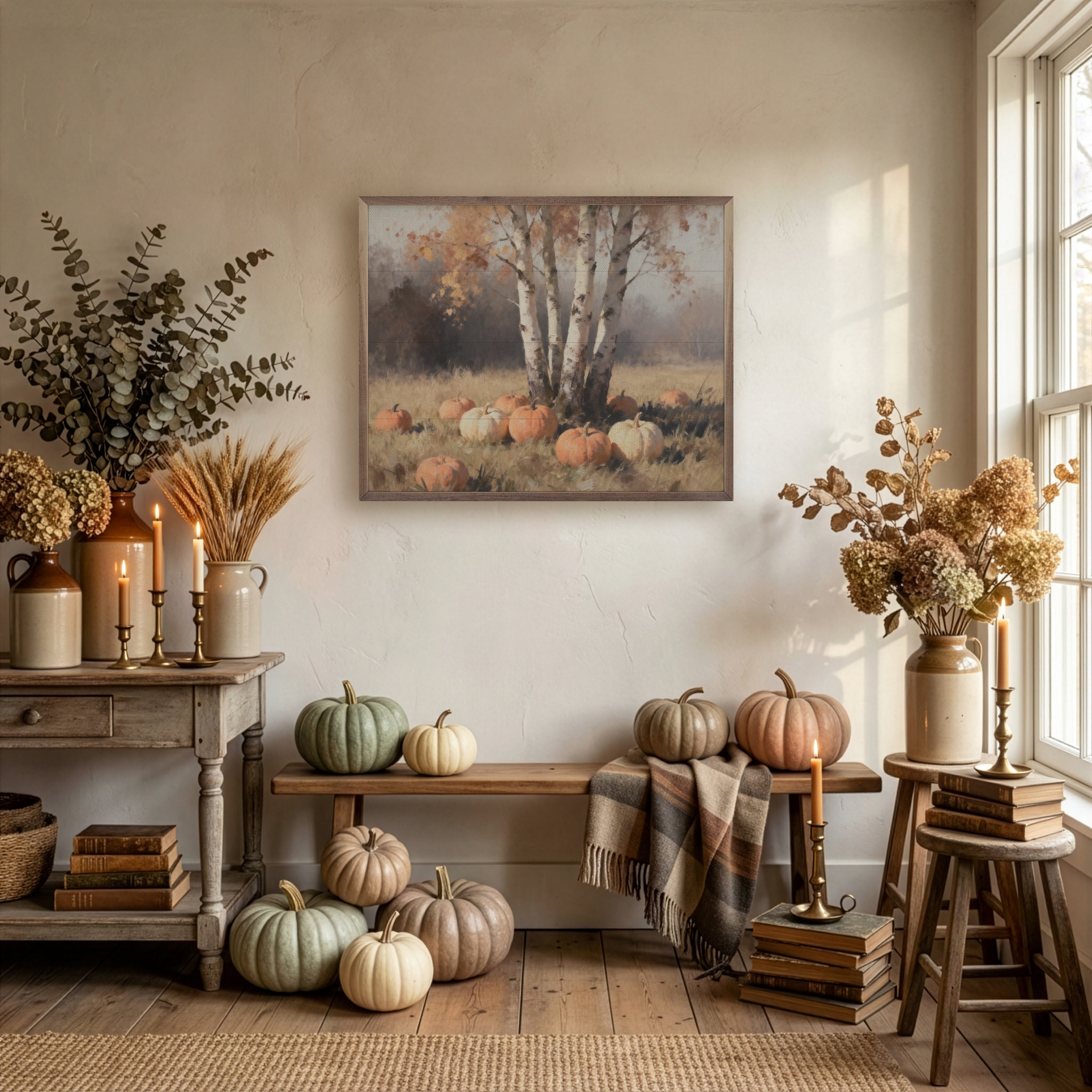 Four Birch Trees With Pumpkins