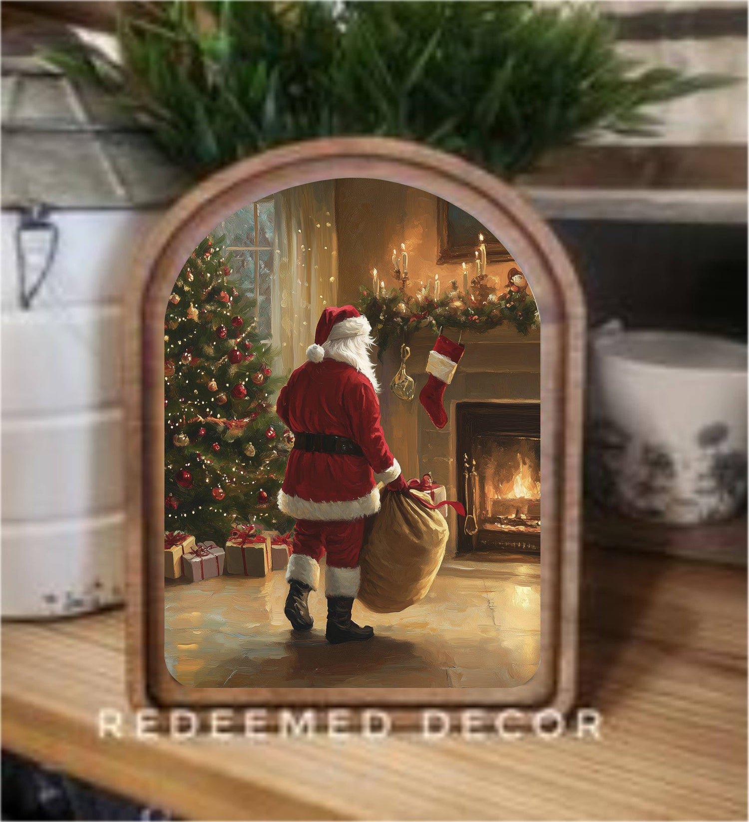 Arch Top Fireplace Santa Framed Art