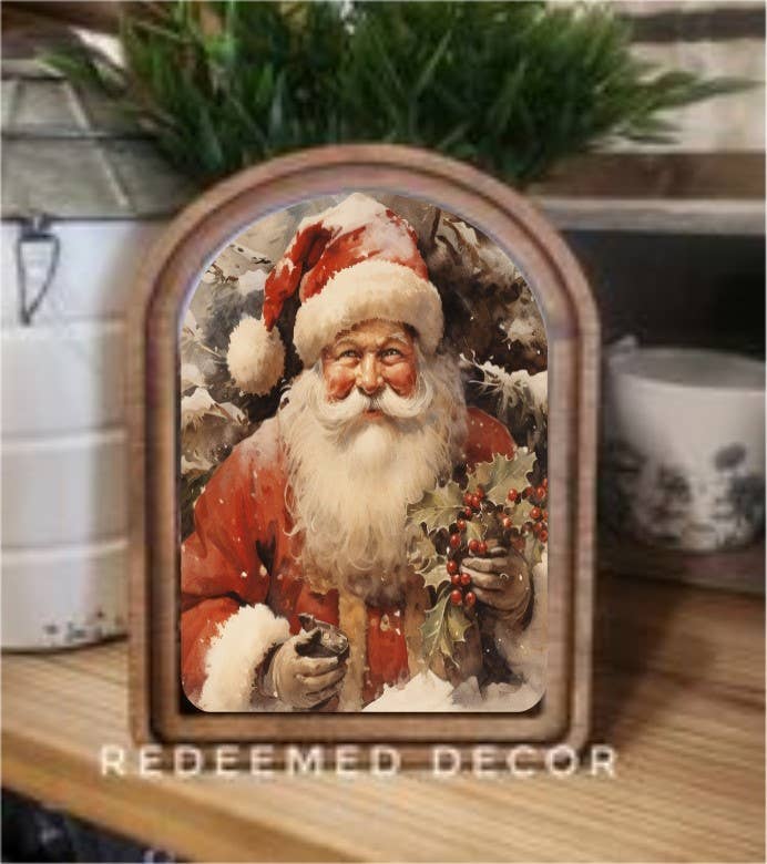 Arch Top Santa With Holly Framed Art