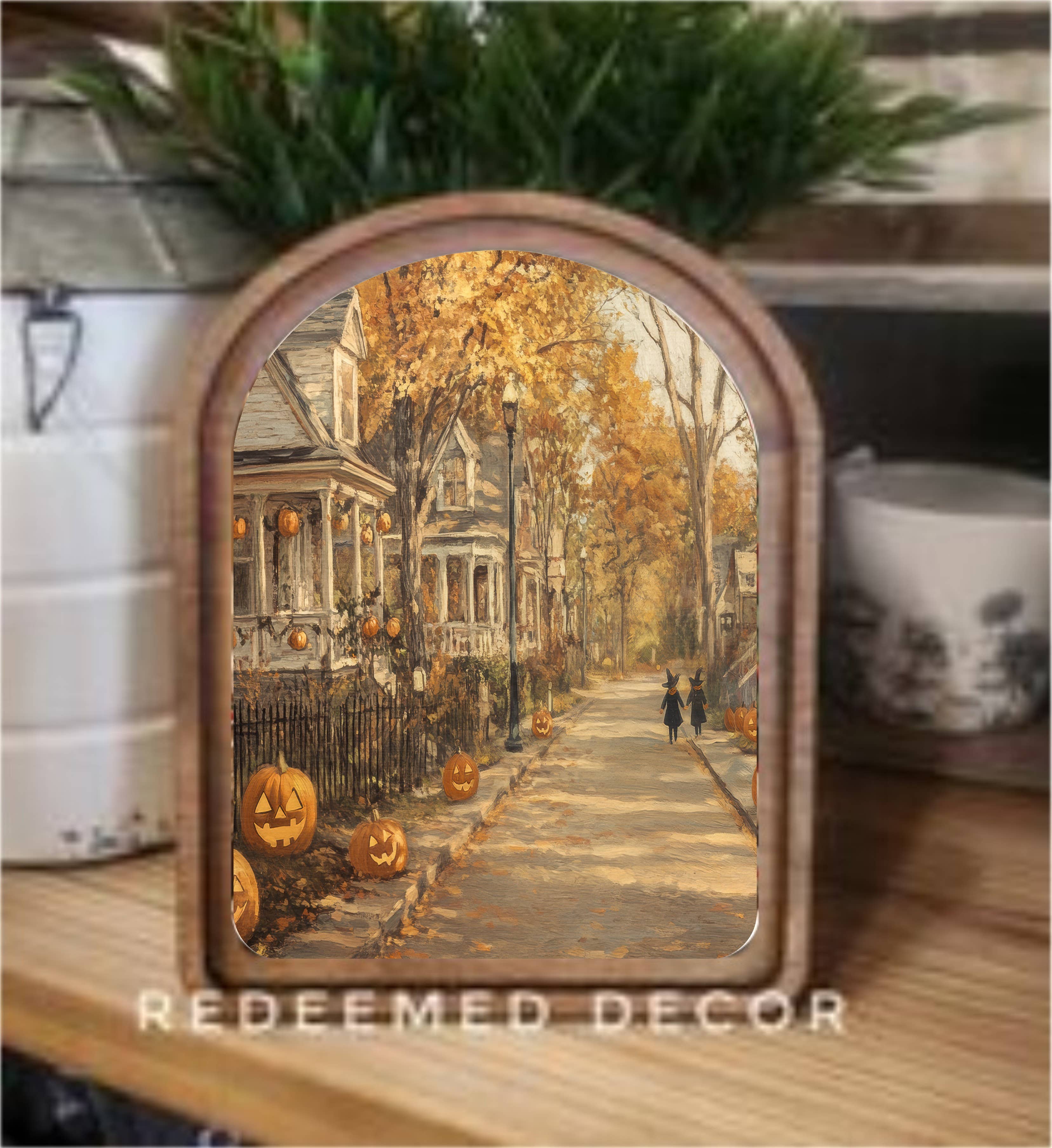 Arch Top Halloween Street Framed Art