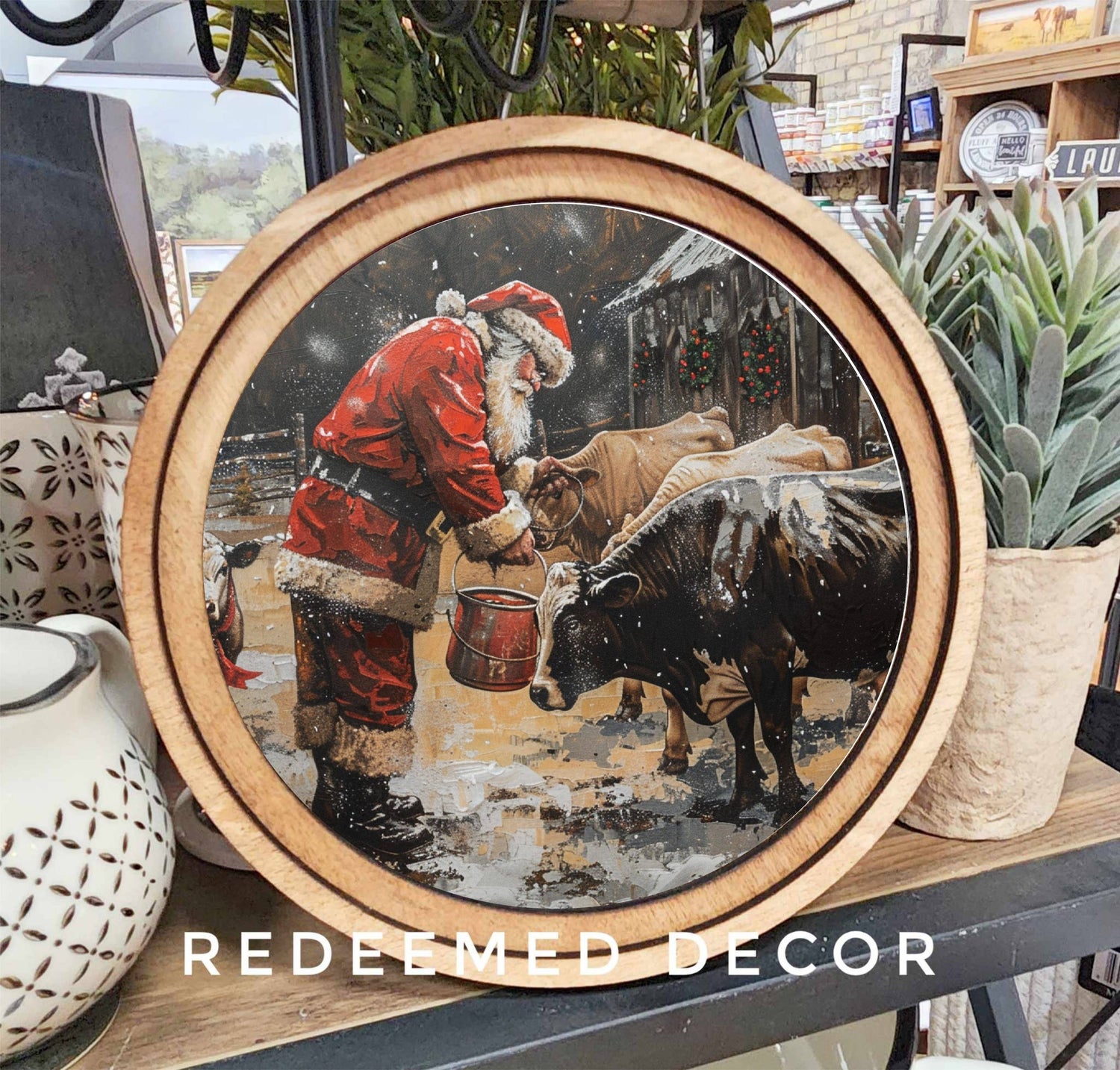 Round Santa With Cows Art
