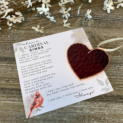 A Cardinal Sings Memorial Red Glass Heart