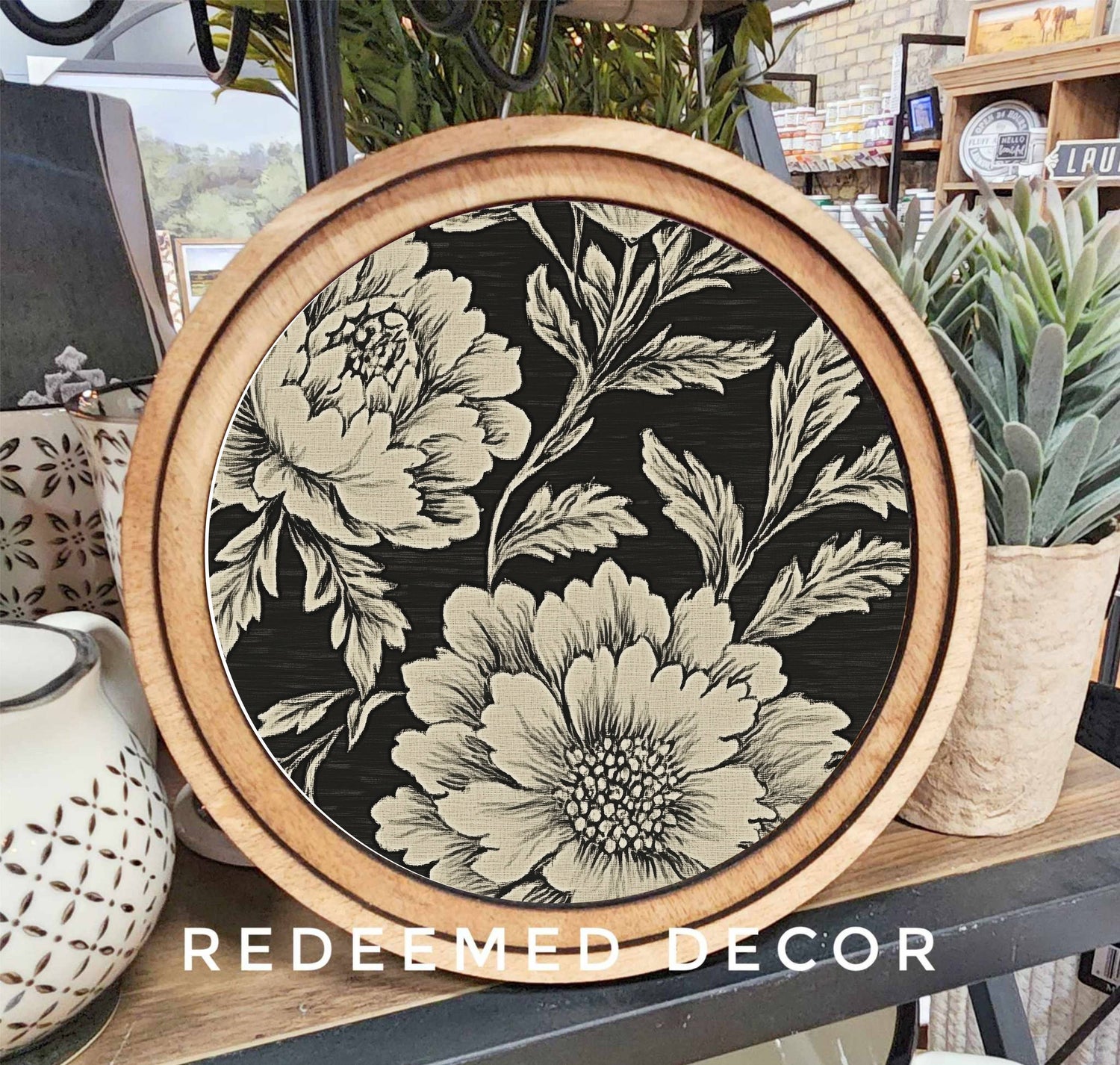 8" Round Black Floral Art