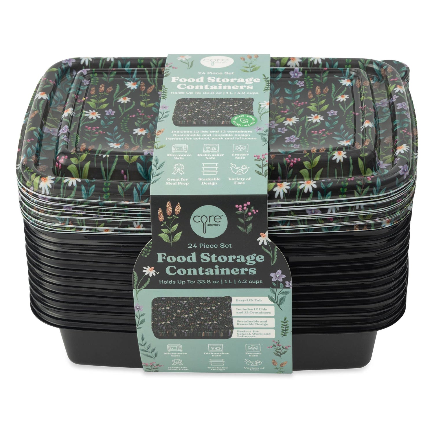 24pc Food Storage Set Plastic - Black Daisy Floral
