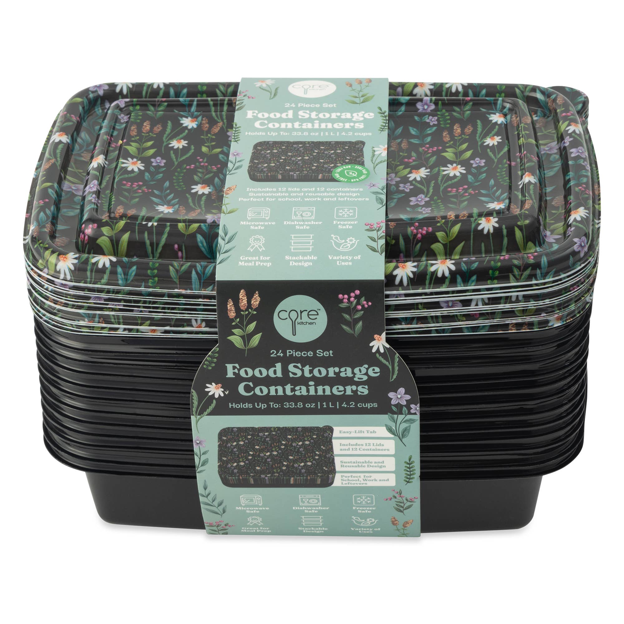 24pc Food Storage Set Plastic - Black Daisy Floral