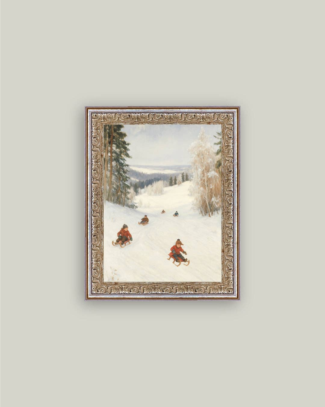 Sledding Hill Framed Antique Art