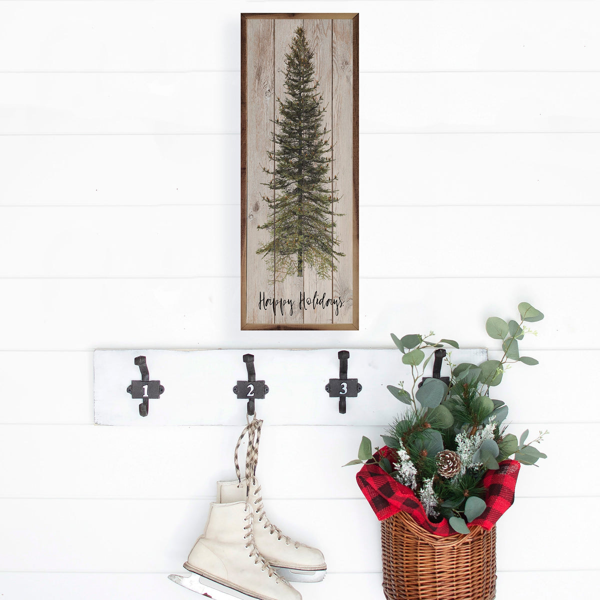 Happy Holidays Skinny Tree Whitewash
