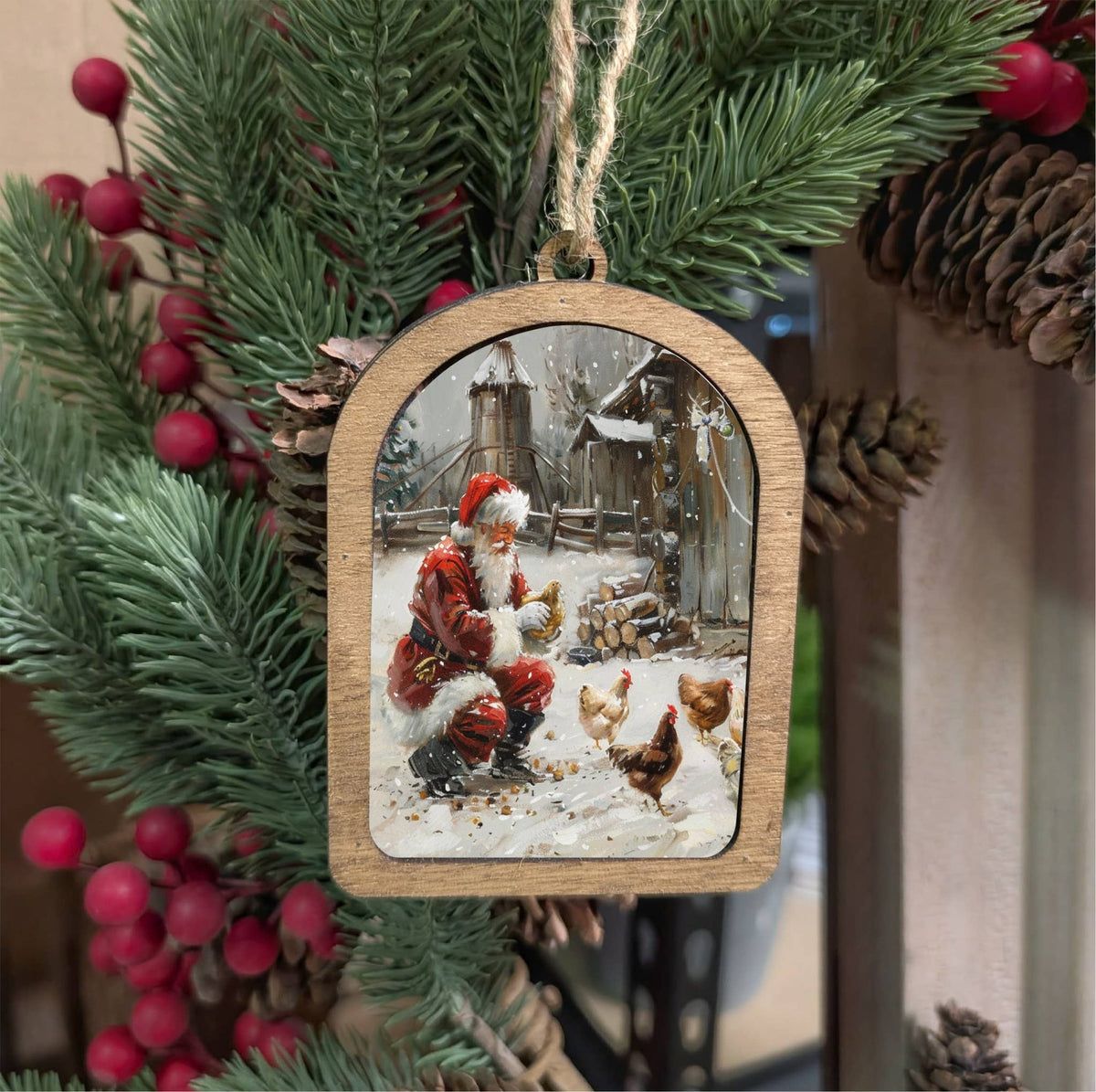 Canvas Arch Ornament Santa With Chickens