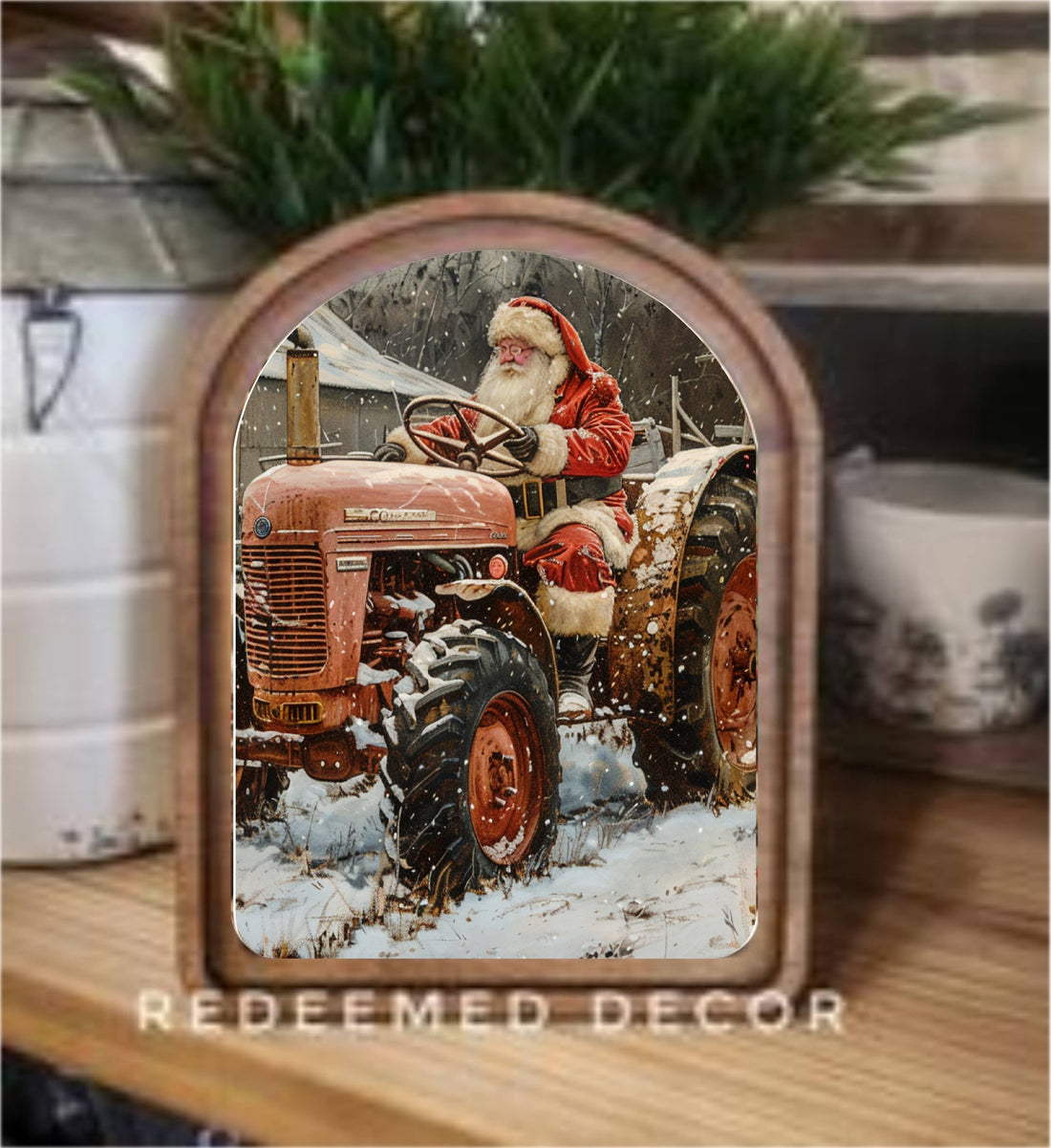 Arch Top Tractor Santa Framed Art