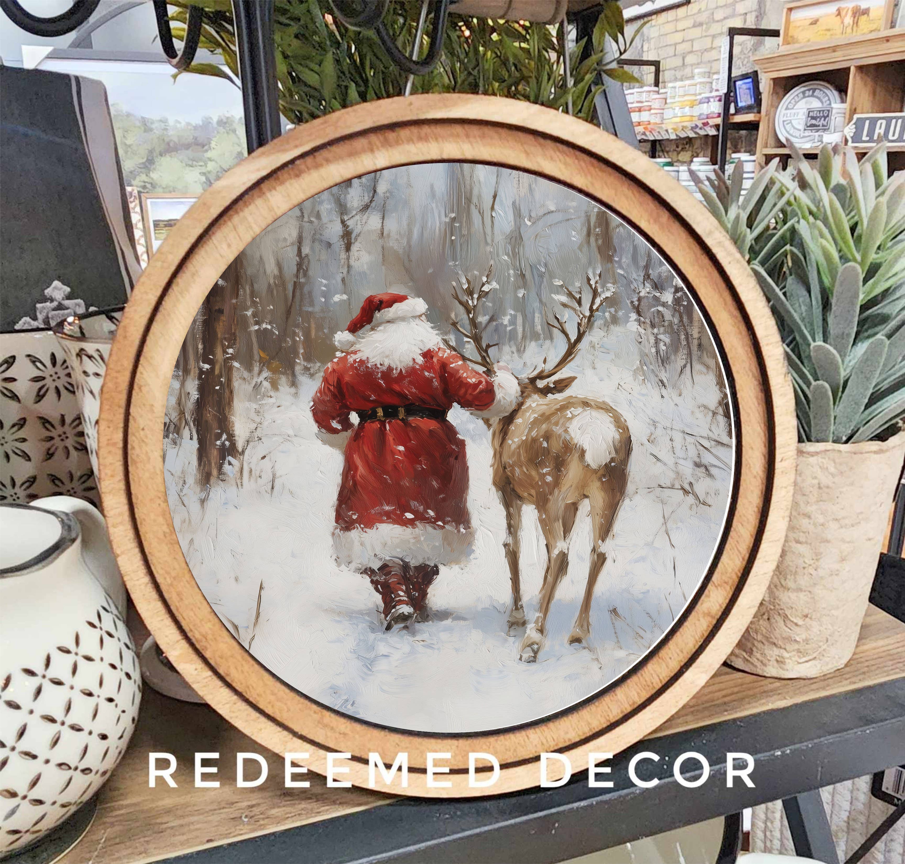 Round Santa With Reindeer Art